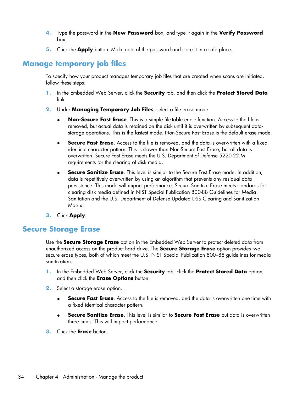 Manage temporary job files, Secure storage erase, Manage temporary job files secure storage erase | HP Scanjet Enterprise 8500 fn1 Document Capture-Workstation User Manual | Page 42 / 105