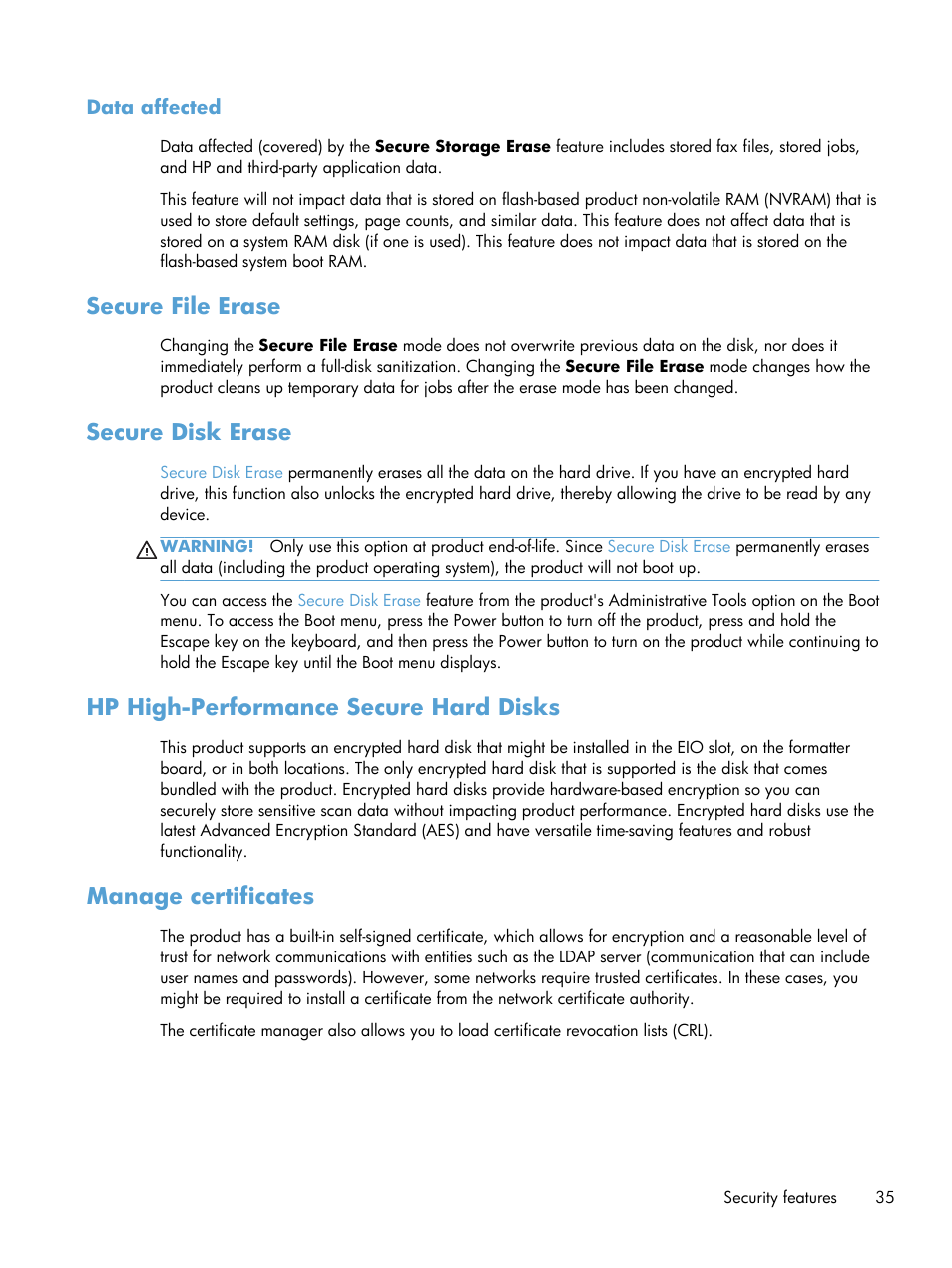 Data affected, Secure file erase, Secure disk erase | Hp high-performance secure hard disks, Manage certificates | HP Scanjet Enterprise 8500 fn1 Document Capture-Workstation User Manual | Page 43 / 105