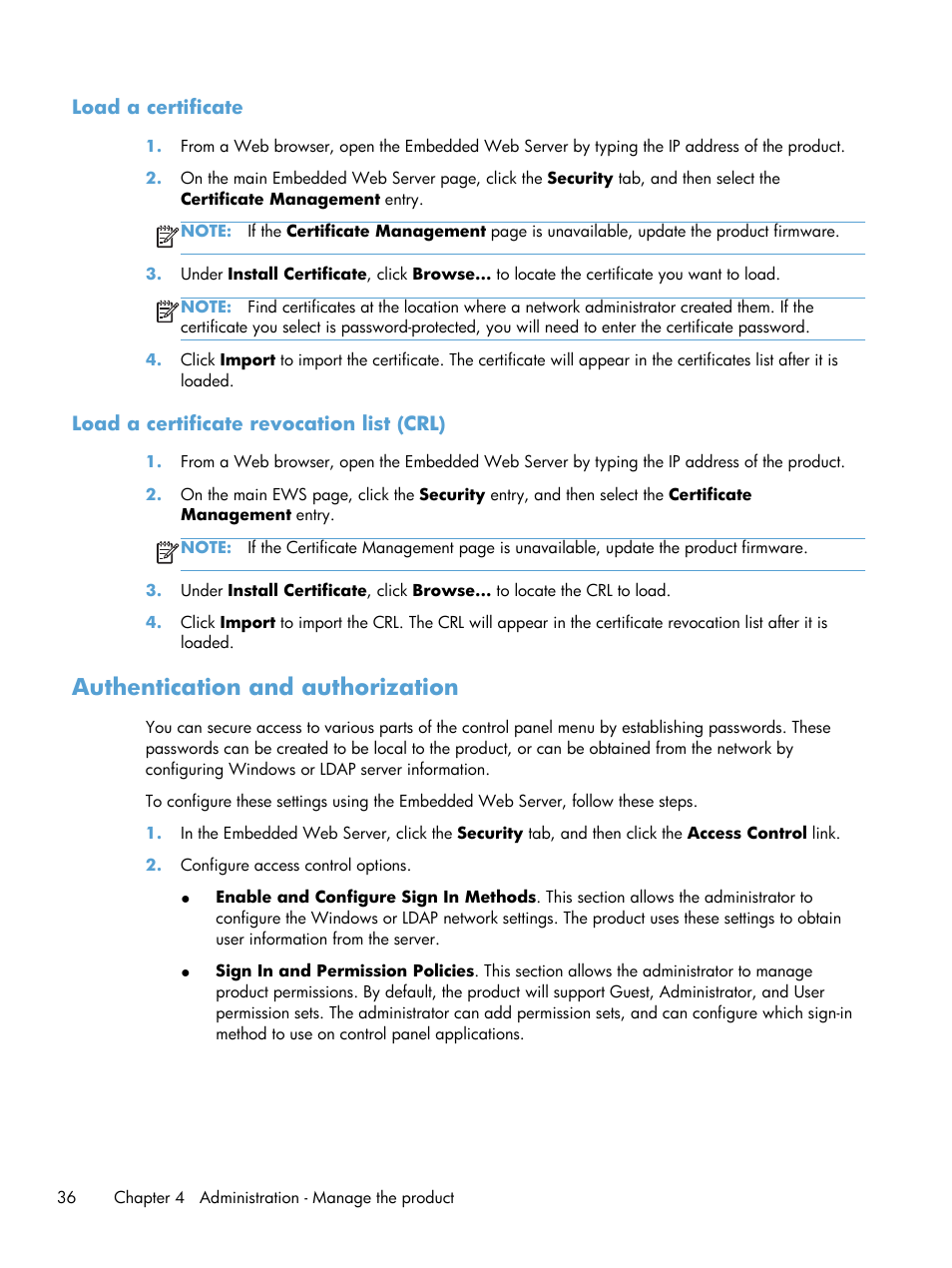 Load a certificate, Load a certificate revocation list (crl), Authentication and authorization | HP Scanjet Enterprise 8500 fn1 Document Capture-Workstation User Manual | Page 44 / 105
