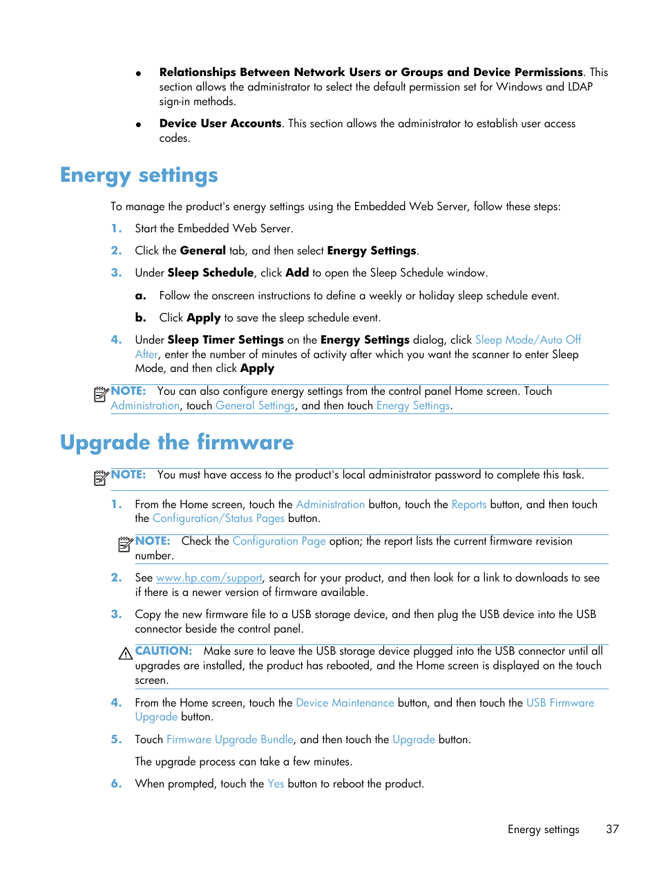 Energy settings, Upgrade the firmware, Energy settings upgrade the firmware | HP Scanjet Enterprise 8500 fn1 Document Capture-Workstation User Manual | Page 45 / 105