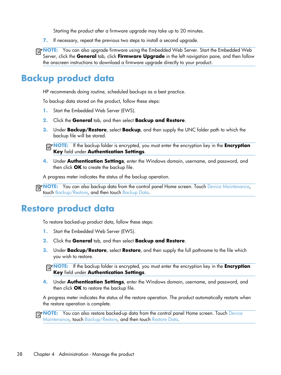 Backup product data, Restore product data, Backup product data restore product data | HP Scanjet Enterprise 8500 fn1 Document Capture-Workstation User Manual | Page 46 / 105