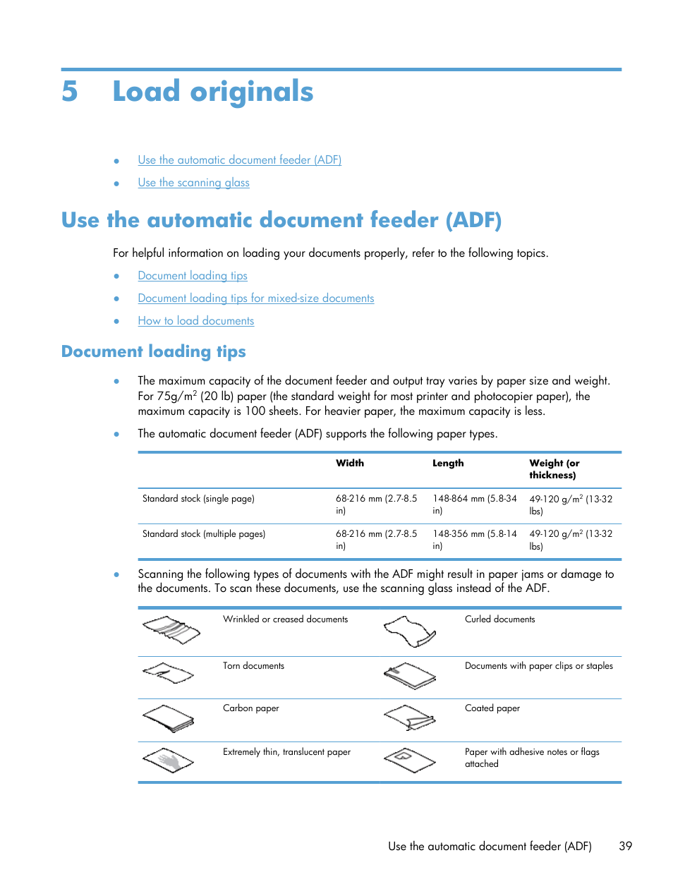 Load originals, Use the automatic document feeder (adf), Document loading tips | 5 load originals | HP Scanjet Enterprise 8500 fn1 Document Capture-Workstation User Manual | Page 47 / 105