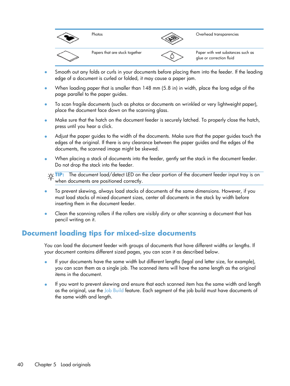 Document loading tips for mixed-size documents | HP Scanjet Enterprise 8500 fn1 Document Capture-Workstation User Manual | Page 48 / 105