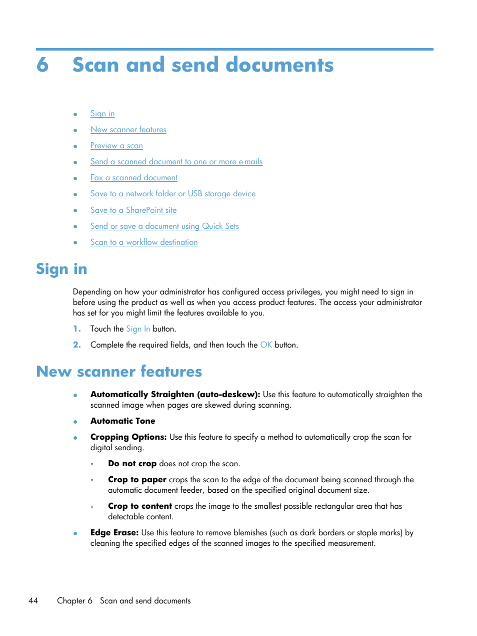 Scan and send documents, Sign in, New scanner features | 6 scan and send documents, Sign in new scanner features | HP Scanjet Enterprise 8500 fn1 Document Capture-Workstation User Manual | Page 52 / 105