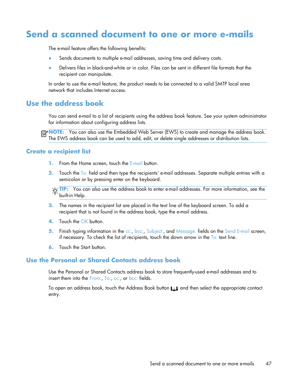 Send a scanned document to one or more e-mails, Use the address book, Create a recipient list | Use the personal or shared contacts address book | HP Scanjet Enterprise 8500 fn1 Document Capture-Workstation User Manual | Page 55 / 105