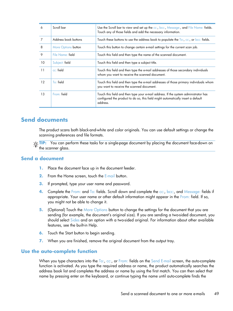 Send documents, Send a document, Use the auto-complete function | Send a document use the auto-complete function | HP Scanjet Enterprise 8500 fn1 Document Capture-Workstation User Manual | Page 57 / 105