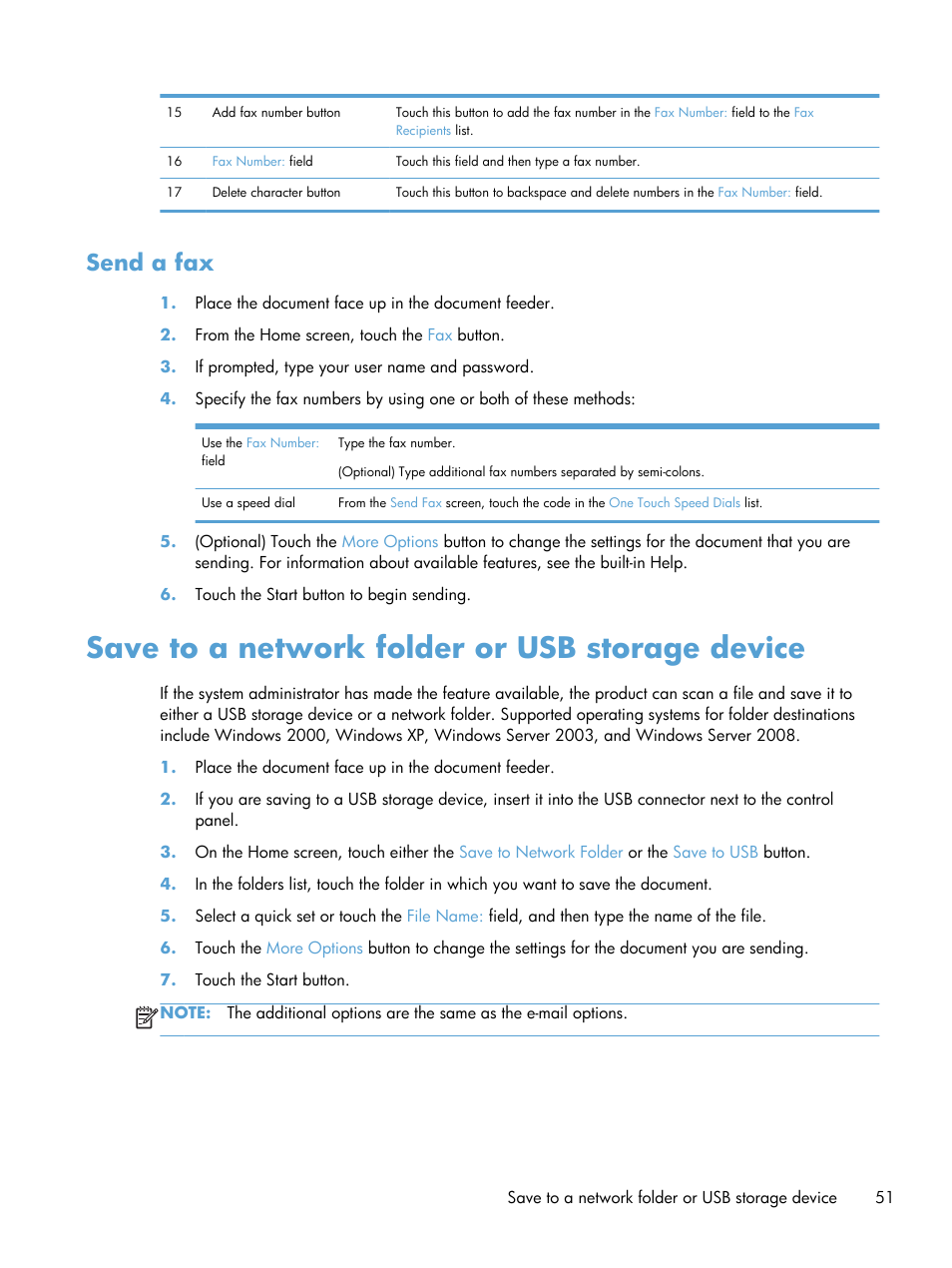 Send a fax, Save to a network folder or usb storage device | HP Scanjet Enterprise 8500 fn1 Document Capture-Workstation User Manual | Page 59 / 105