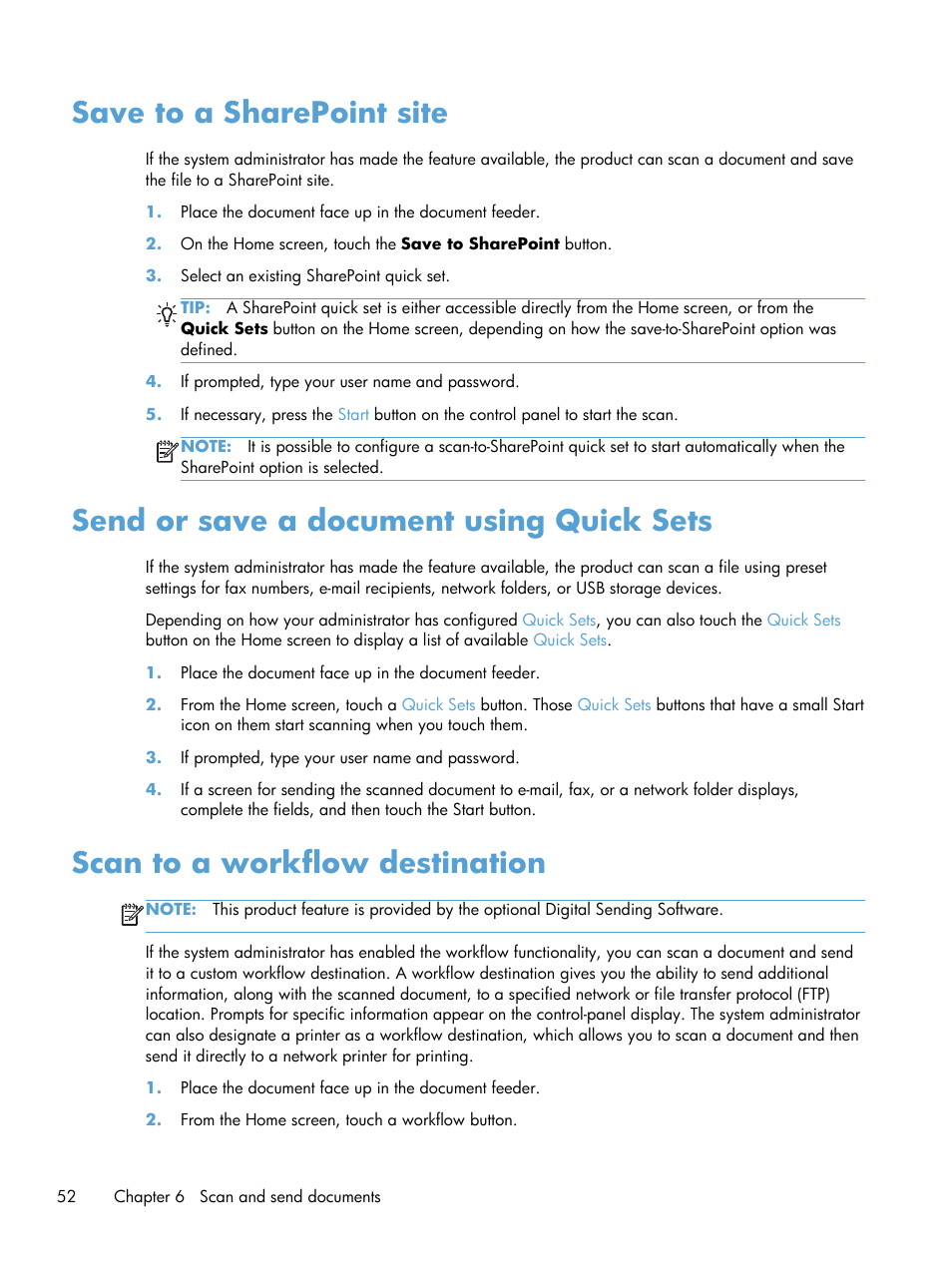 Save to a sharepoint site, Send or save a document using quick sets, Scan to a workflow destination | HP Scanjet Enterprise 8500 fn1 Document Capture-Workstation User Manual | Page 60 / 105