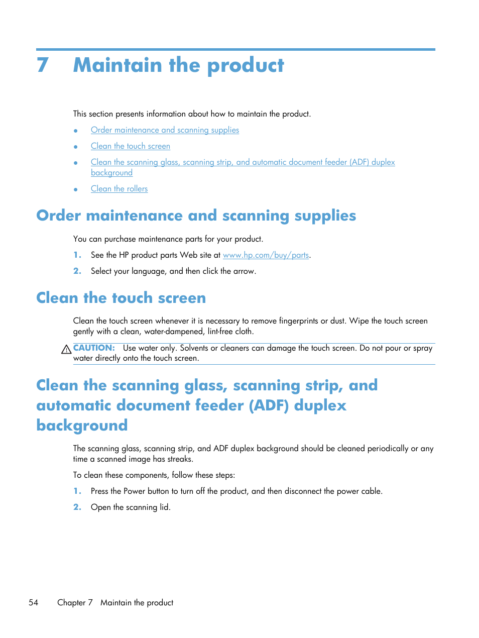 Maintain the product, Order maintenance and scanning supplies, Clean the touch screen | 7 maintain the product | HP Scanjet Enterprise 8500 fn1 Document Capture-Workstation User Manual | Page 62 / 105