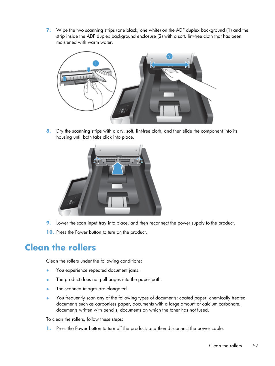 Clean the rollers | HP Scanjet Enterprise 8500 fn1 Document Capture-Workstation User Manual | Page 65 / 105