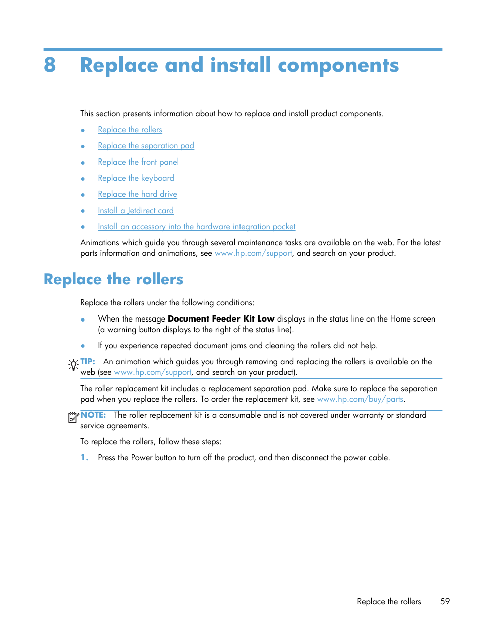 Replace and install components, Replace the rollers, 8 replace and install components | HP Scanjet Enterprise 8500 fn1 Document Capture-Workstation User Manual | Page 67 / 105