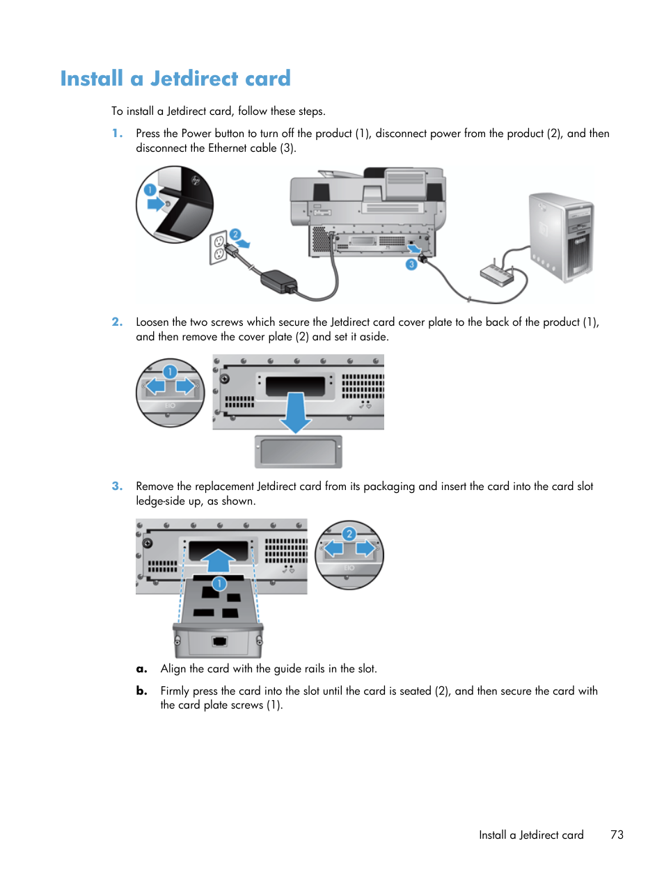 Install a jetdirect card | HP Scanjet Enterprise 8500 fn1 Document Capture-Workstation User Manual | Page 81 / 105