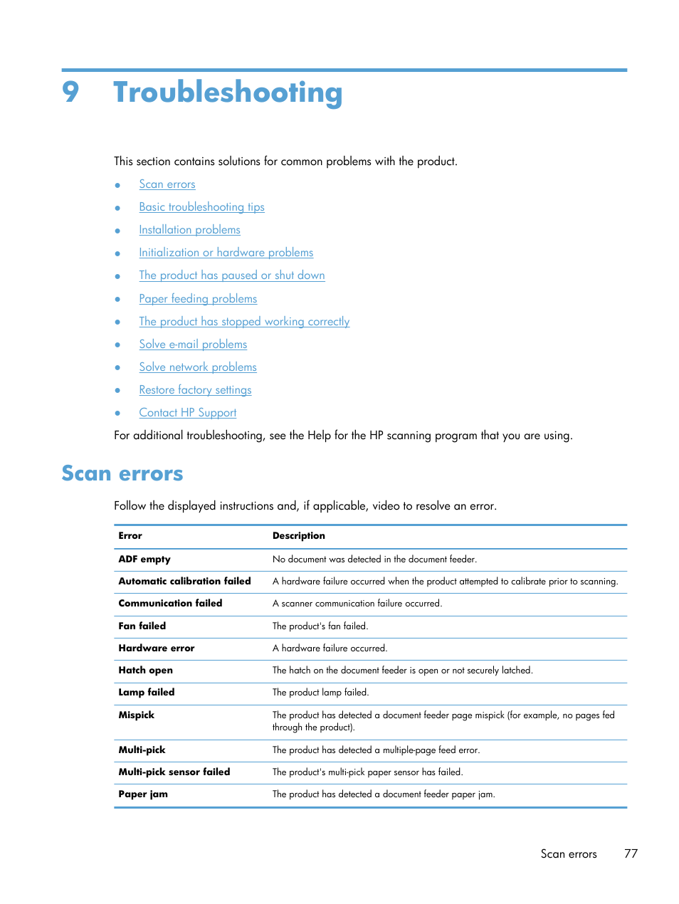 Troubleshooting, Scan errors, 9 troubleshooting | HP Scanjet Enterprise 8500 fn1 Document Capture-Workstation User Manual | Page 85 / 105