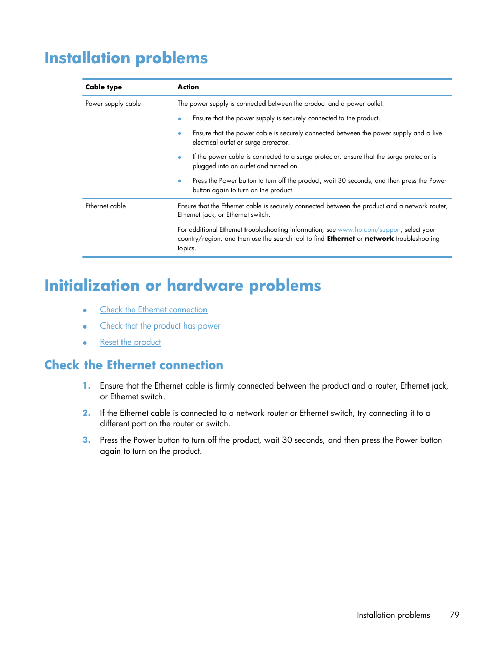 Installation problems, Initialization or hardware problems, Check the ethernet connection | HP Scanjet Enterprise 8500 fn1 Document Capture-Workstation User Manual | Page 87 / 105