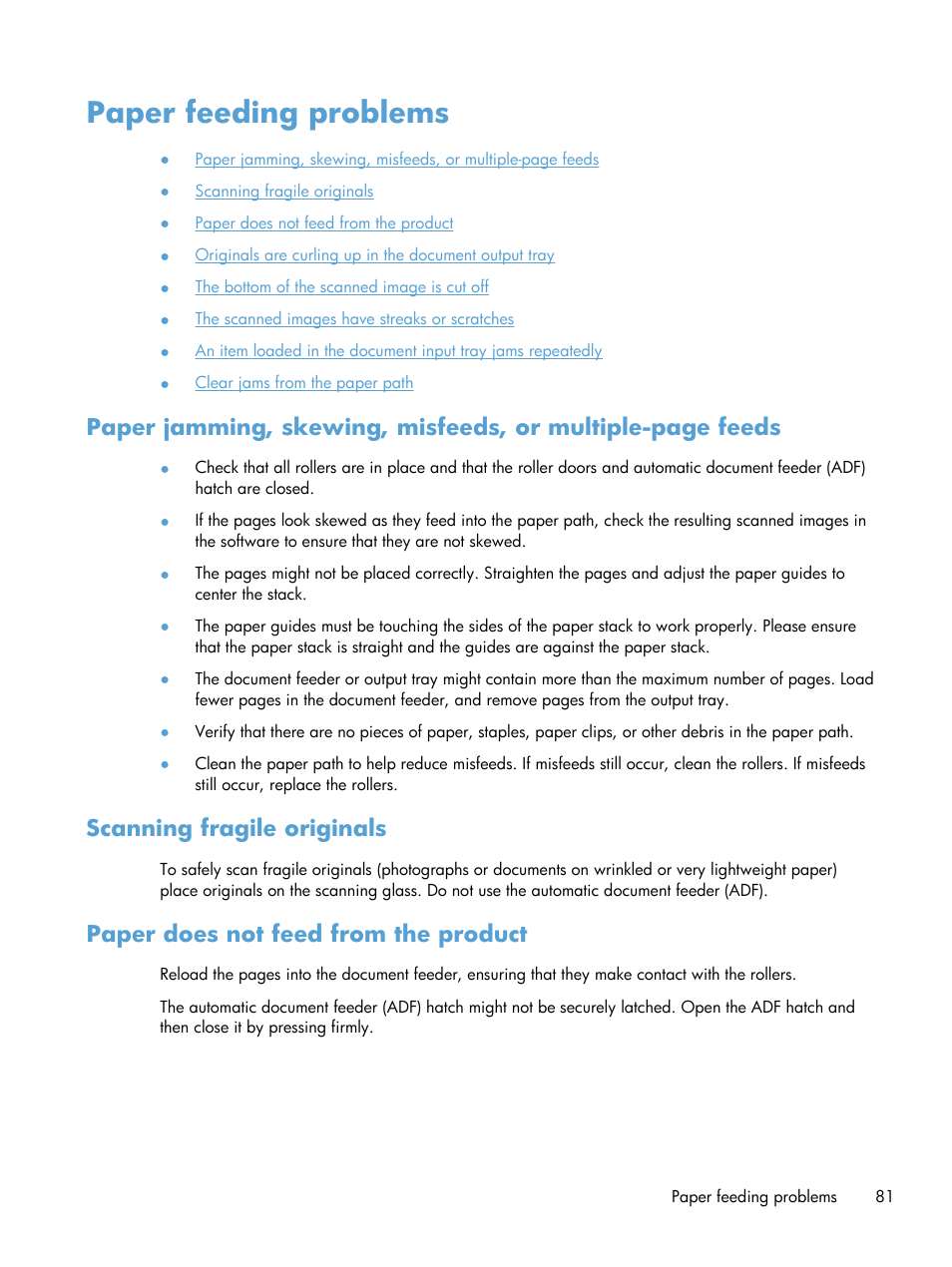 Paper feeding problems, Scanning fragile originals, Paper does not feed from the product | HP Scanjet Enterprise 8500 fn1 Document Capture-Workstation User Manual | Page 89 / 105