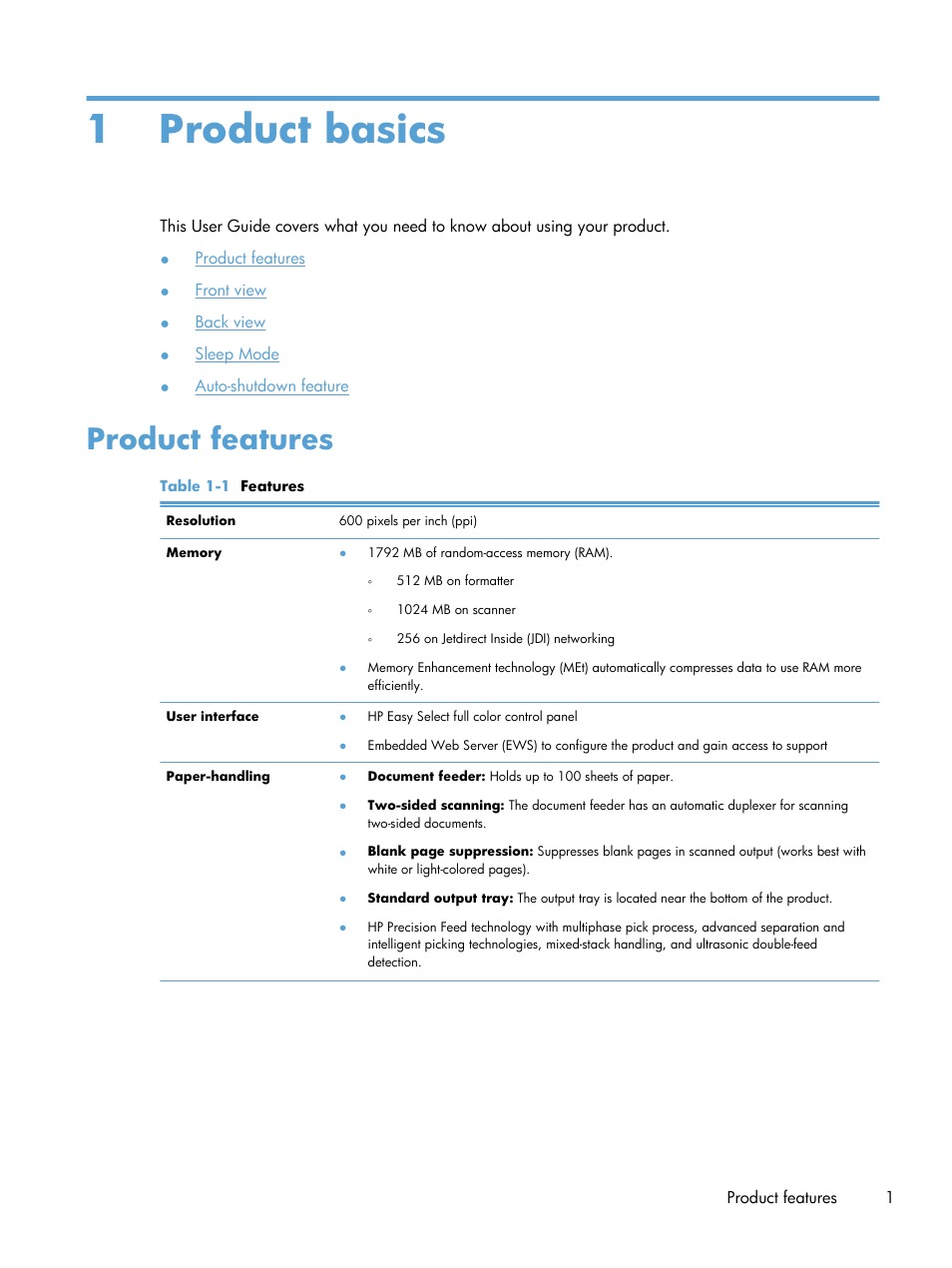 Product basics, Product features, 1 product basics | HP Scanjet Enterprise 8500 fn1 Document Capture-Workstation User Manual | Page 9 / 105