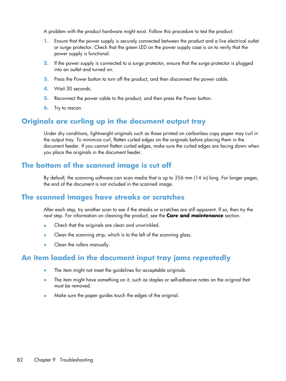 The bottom of the scanned image is cut off, The scanned images have streaks or scratches | HP Scanjet Enterprise 8500 fn1 Document Capture-Workstation User Manual | Page 90 / 105