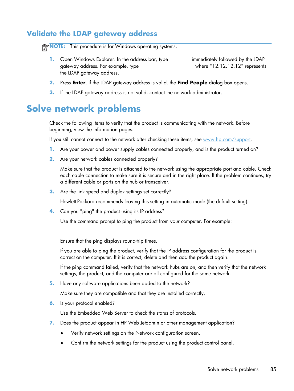 Validate the ldap gateway address, Solve network problems | HP Scanjet Enterprise 8500 fn1 Document Capture-Workstation User Manual | Page 93 / 105