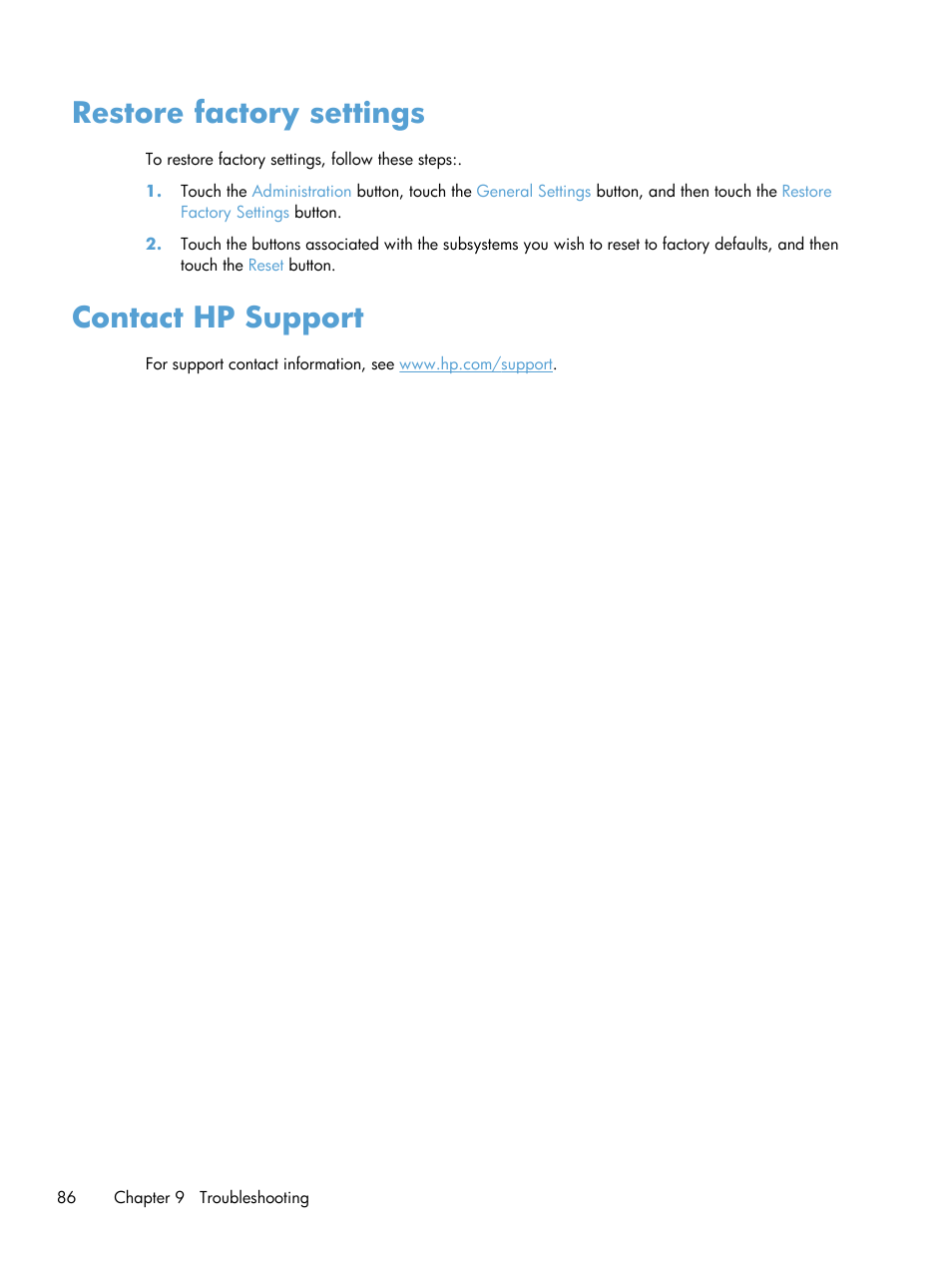 Restore factory settings, Contact hp support, Restore factory settings contact hp support | HP Scanjet Enterprise 8500 fn1 Document Capture-Workstation User Manual | Page 94 / 105
