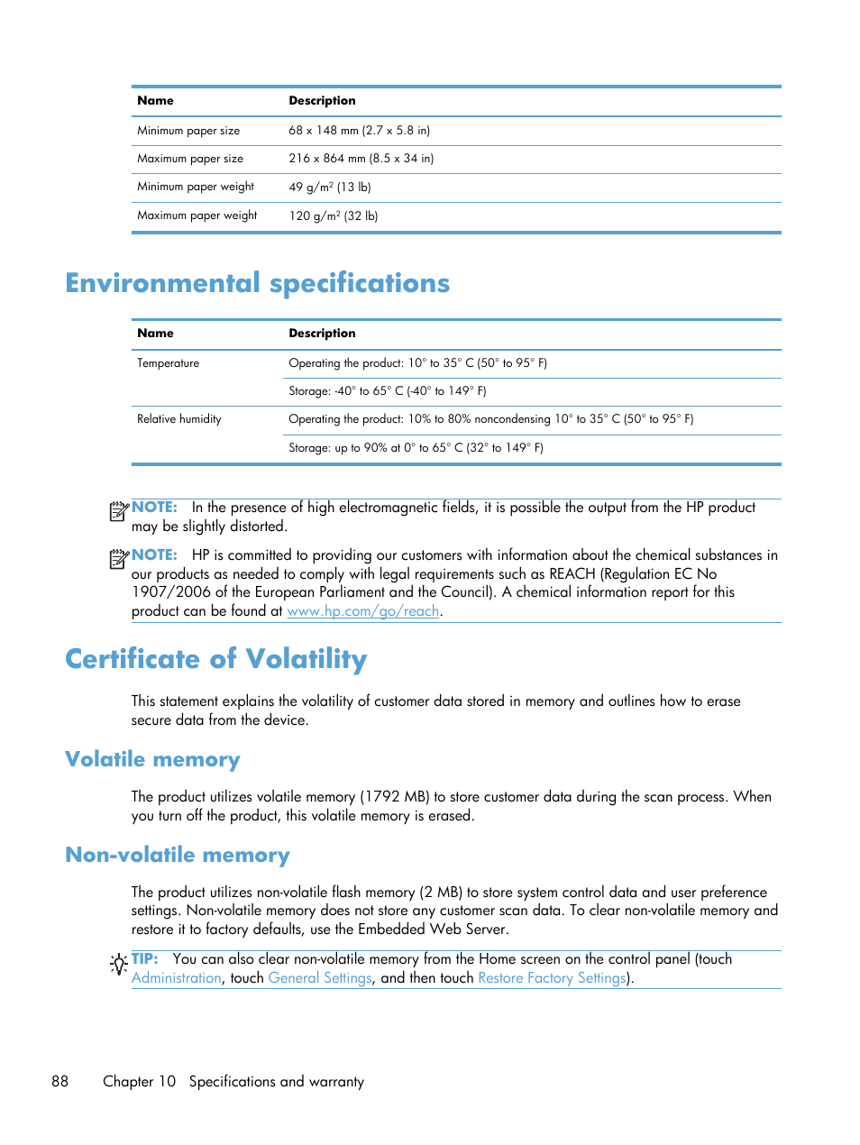 Environmental specifications, Certificate of volatility, Volatile memory | Non-volatile memory, Volatile memory non-volatile memory | HP Scanjet Enterprise 8500 fn1 Document Capture-Workstation User Manual | Page 96 / 105