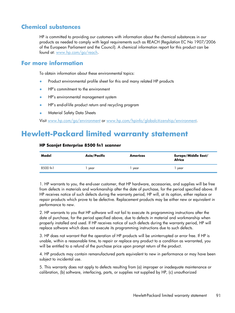 Chemical substances, For more information, Hewlett-packard limited warranty statement | Chemical substances for more information | HP Scanjet Enterprise 8500 fn1 Document Capture-Workstation User Manual | Page 99 / 105