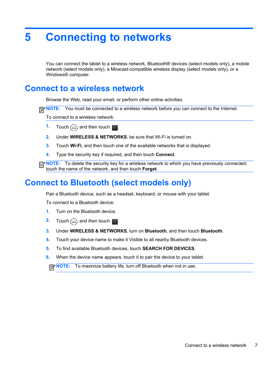 Connecting to networks, Connect to a wireless network, Connect to bluetooth (select models only) | 5 connecting to networks, 5connecting to networks | HP Slate 10 HD 3500ca Tablet User Manual | Page 11 / 19