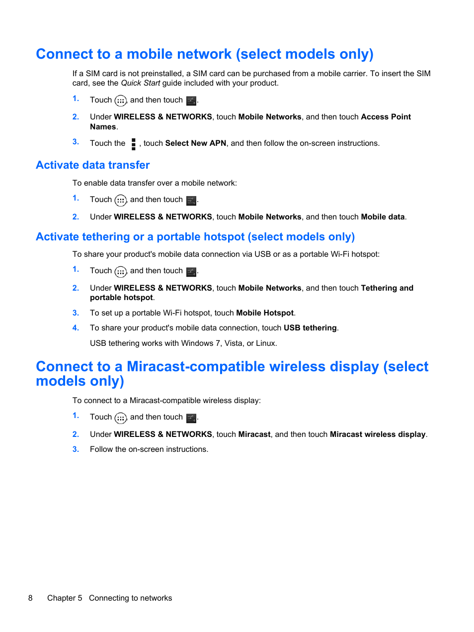 Connect to a mobile network (select models only), Activate data transfer | HP Slate 10 HD 3500ca Tablet User Manual | Page 12 / 19