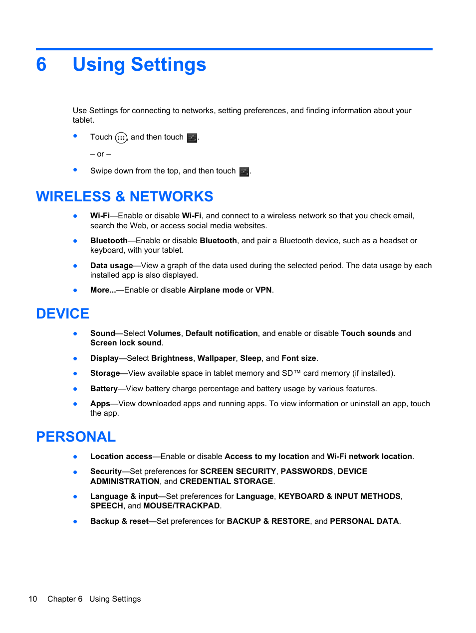 Using settings, Wireless & networks, Device | Personal, 6 using settings, Wireless & networks device personal, 6using settings | HP Slate 10 HD 3500ca Tablet User Manual | Page 14 / 19