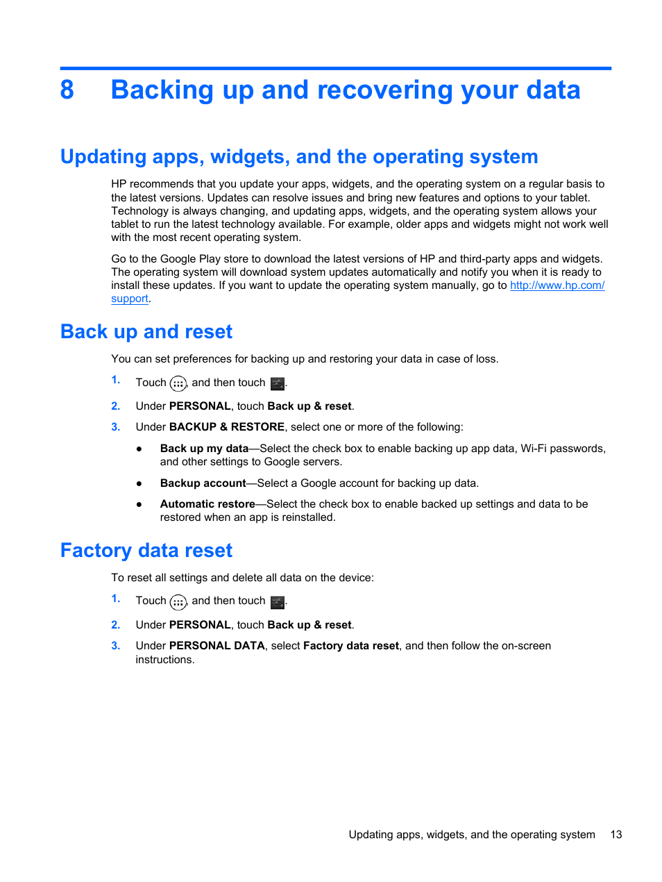 Backing up and recovering your data, Updating apps, widgets, and the operating system, Back up and reset | Factory data reset, 8 backing up and recovering your data, 8backing up and recovering your data | HP Slate 10 HD 3500ca Tablet User Manual | Page 17 / 19