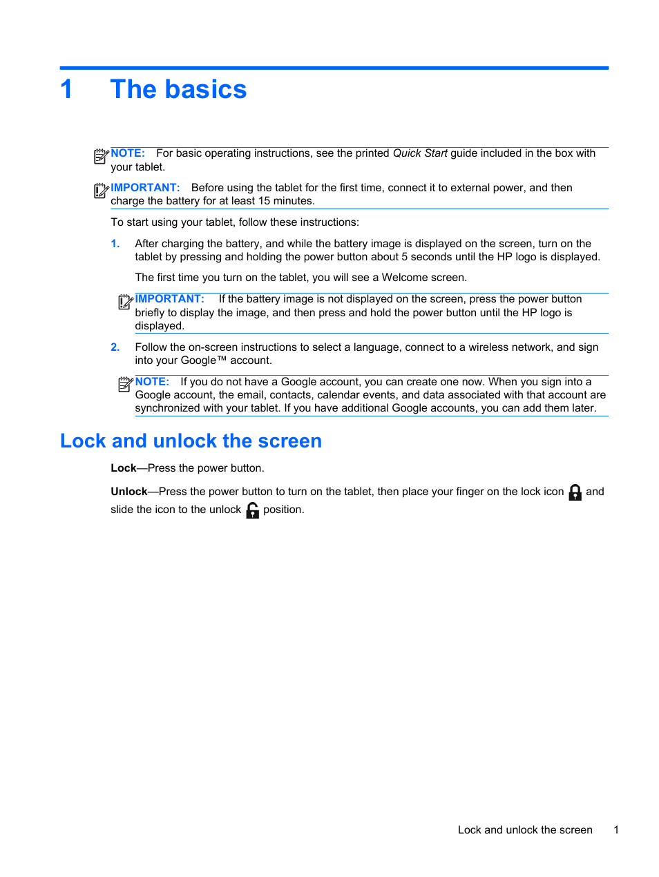 The basics, Lock and unlock the screen, 1 the basics | 1the basics | HP Slate 10 HD 3500ca Tablet User Manual | Page 5 / 19