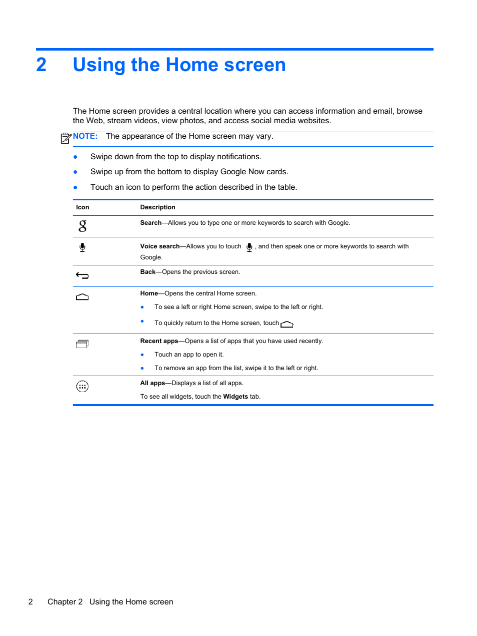 Using the home screen, 2 using the home screen, 2using the home screen | HP Slate 10 HD 3500ca Tablet User Manual | Page 6 / 19