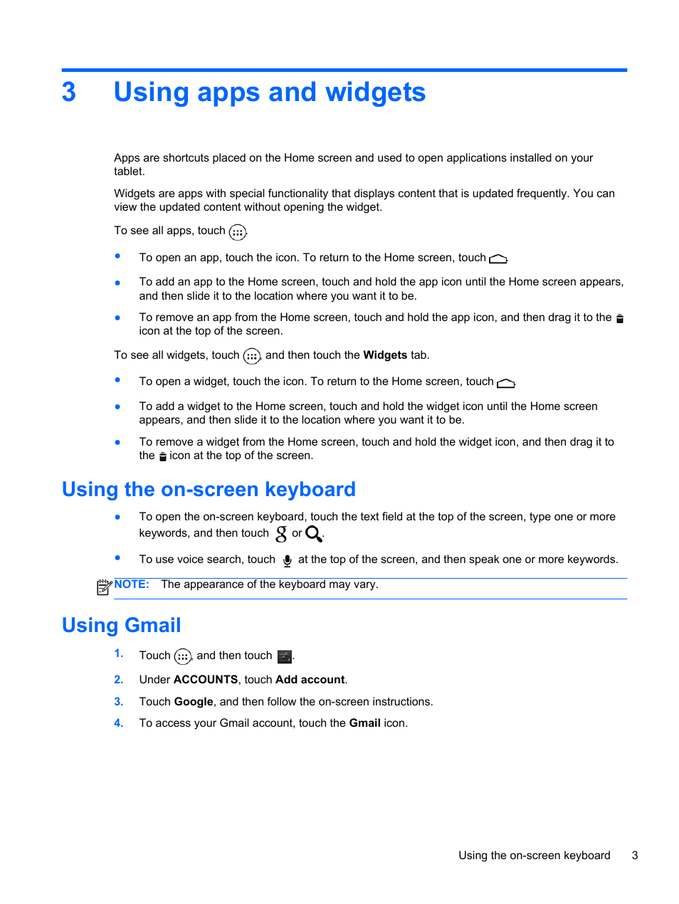 Using apps and widgets, Using the on-screen keyboard, Using gmail | 3 using apps and widgets, Using the on-screen keyboard using gmail, 3using apps and widgets | HP Slate 10 HD 3500ca Tablet User Manual | Page 7 / 19