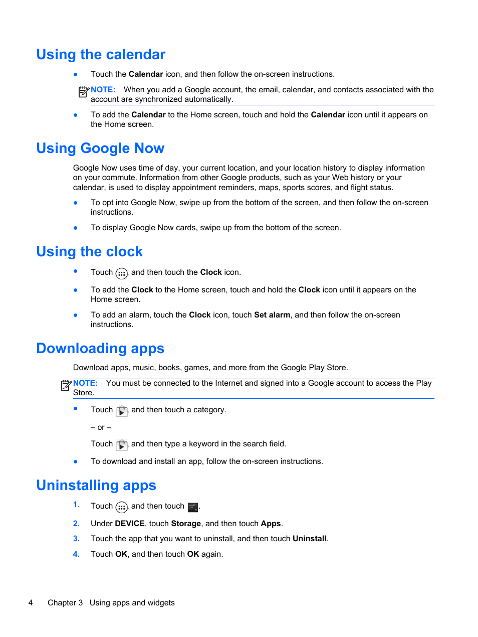 Using the calendar, Using google now, Using the clock | Downloading apps, Uninstalling apps | HP Slate 10 HD 3500ca Tablet User Manual | Page 8 / 19