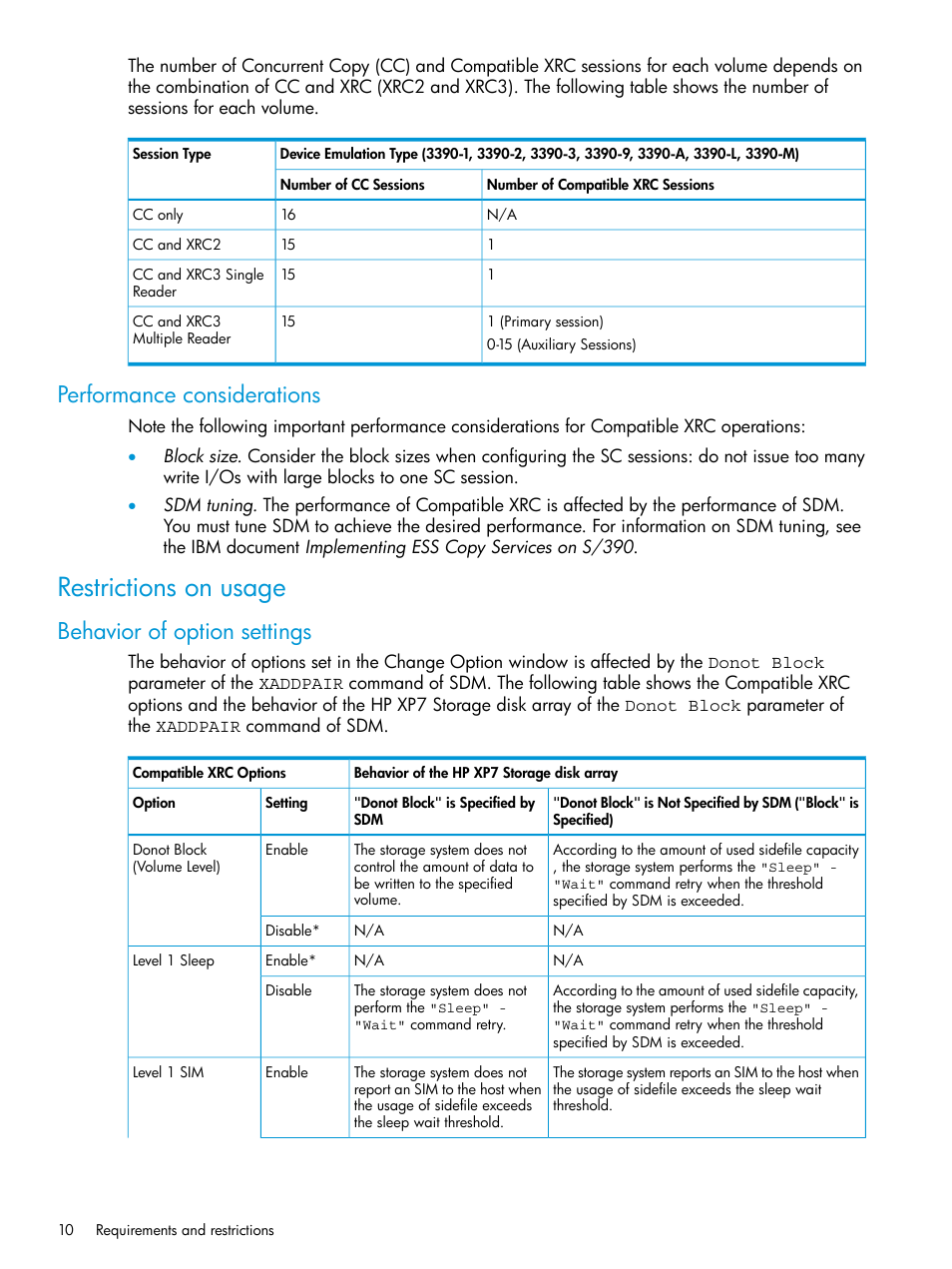 Performance considerations, Restrictions on usage, Behavior of option settings | HP XP7 Storage User Manual | Page 10 / 37