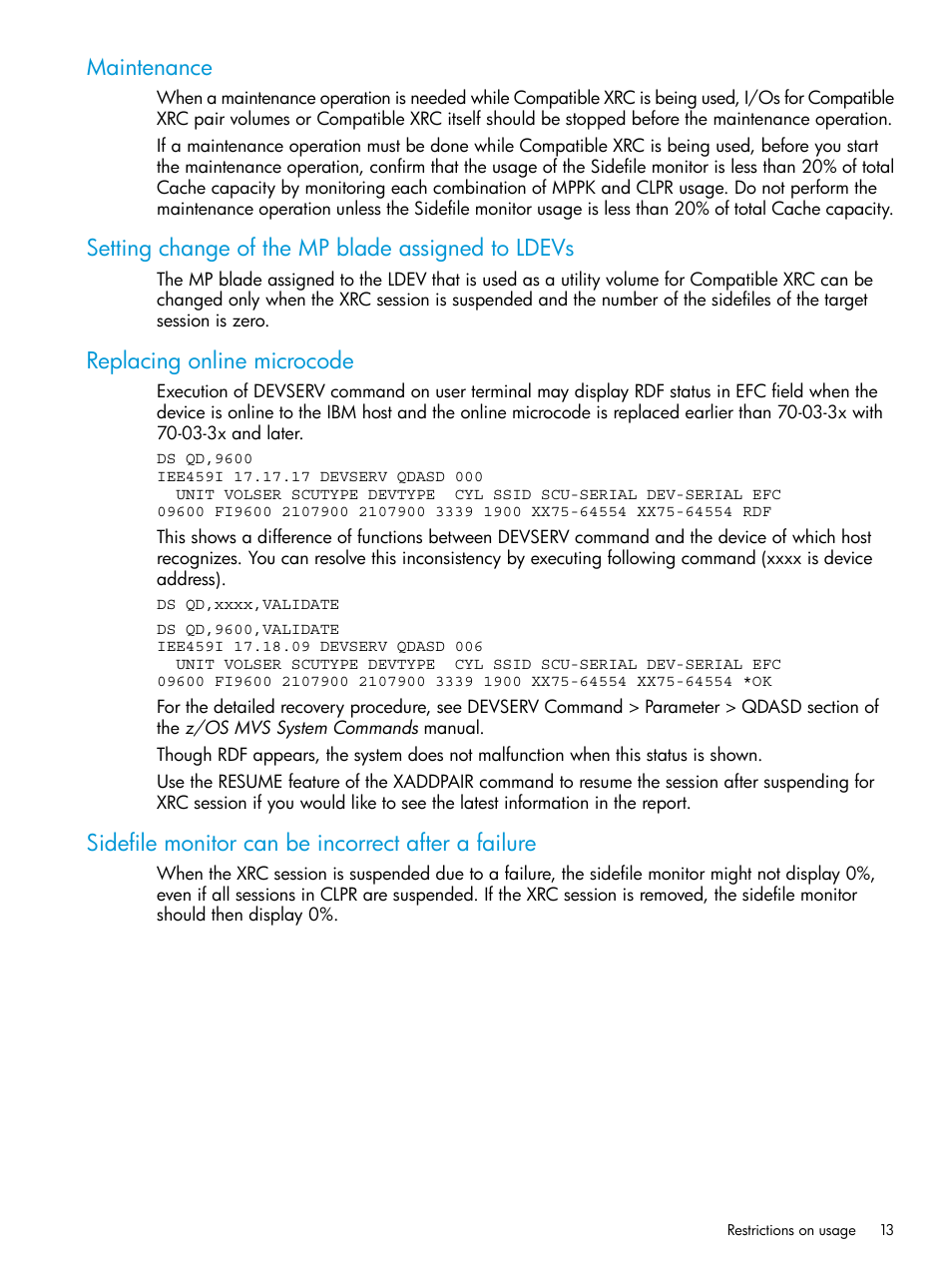 Maintenance, Setting change of the mp blade assigned to ldevs, Replacing online microcode | Sidefile monitor can be incorrect after a failure | HP XP7 Storage User Manual | Page 13 / 37