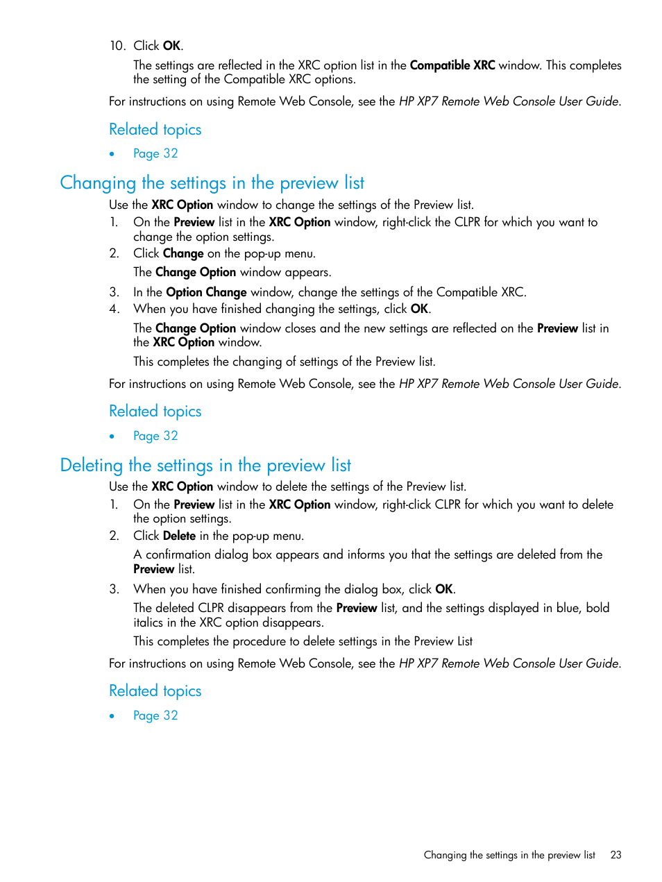 Changing the settings in the preview list, Deleting the settings in the preview list, Related topics | HP XP7 Storage User Manual | Page 23 / 37