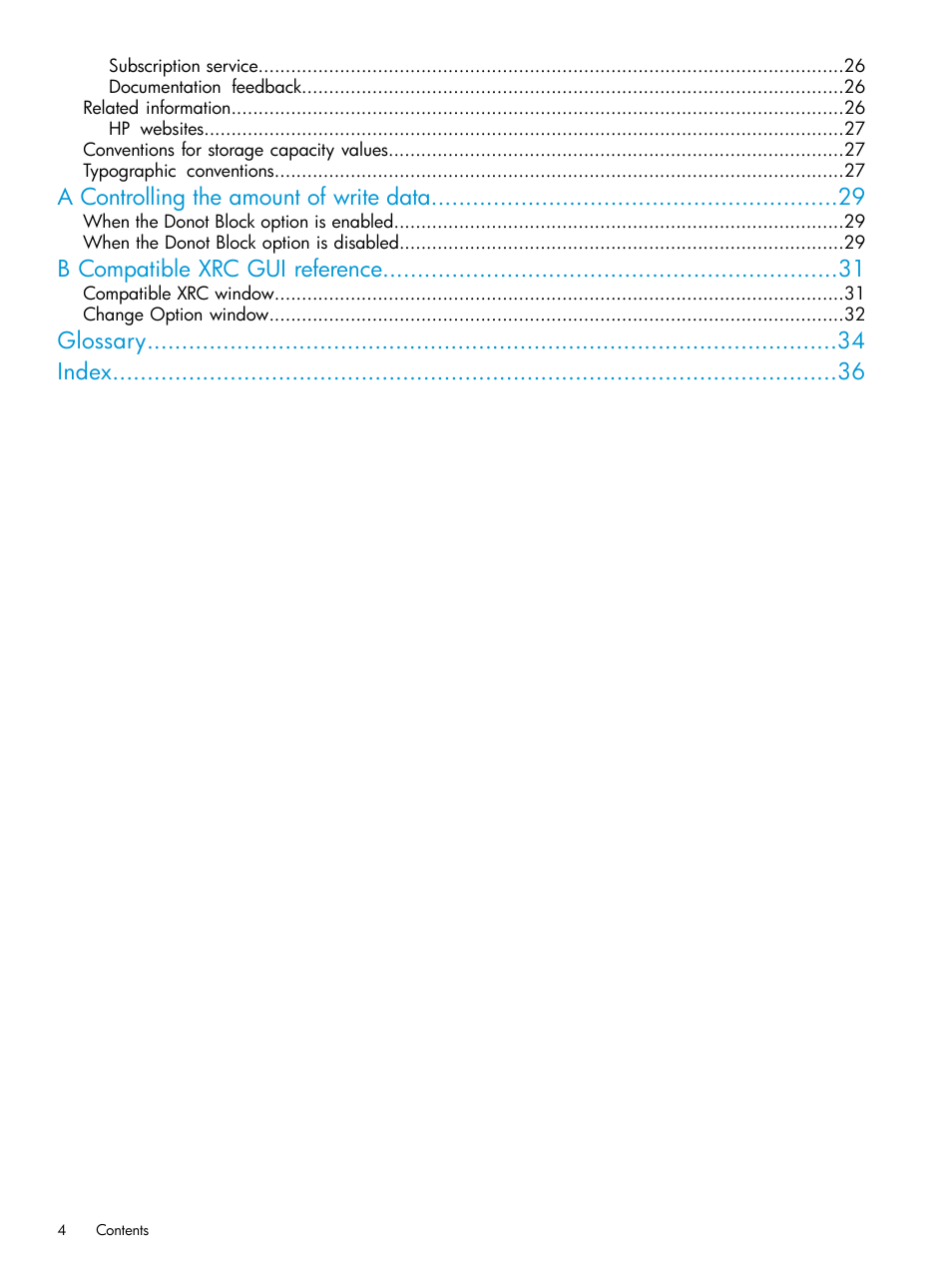 A controlling the amount of write data, B compatible xrc gui reference, Glossary index | HP XP7 Storage User Manual | Page 4 / 37