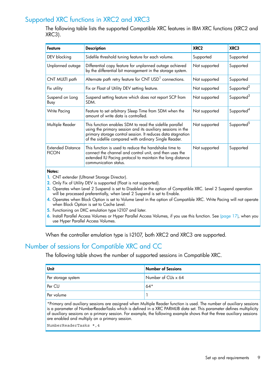 Supported xrc functions in xrc2 and xrc3, Number of sessions for compatible xrc and cc | HP XP7 Storage User Manual | Page 9 / 37