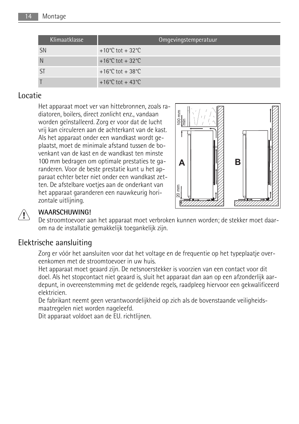 Locatie, Elektrische aansluiting | AEG A52200GSW0 User Manual | Page 14 / 68