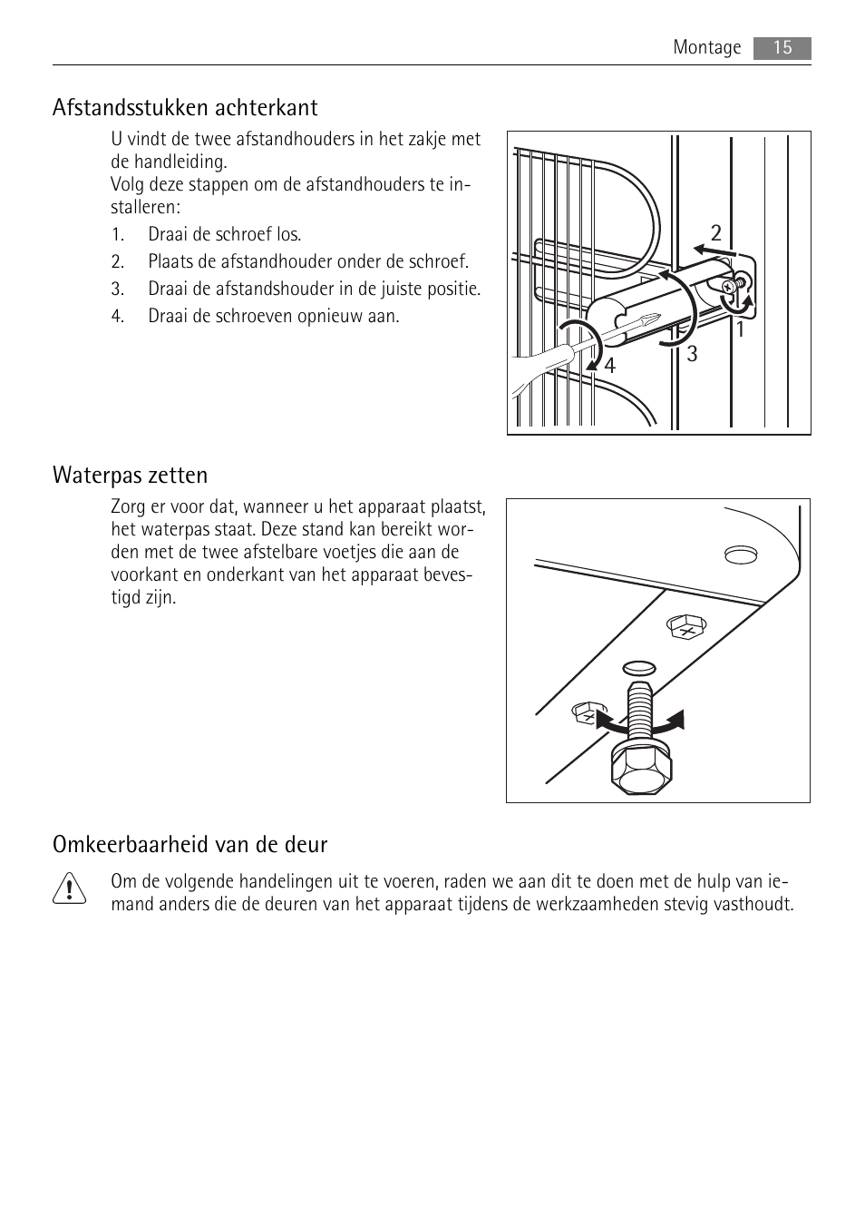 Afstandsstukken achterkant, Waterpas zetten, Omkeerbaarheid van de deur | AEG A52200GSW0 User Manual | Page 15 / 68