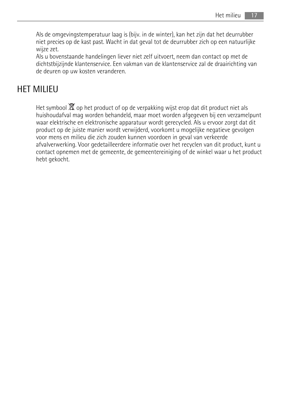 Het milieu | AEG A52200GSW0 User Manual | Page 17 / 68