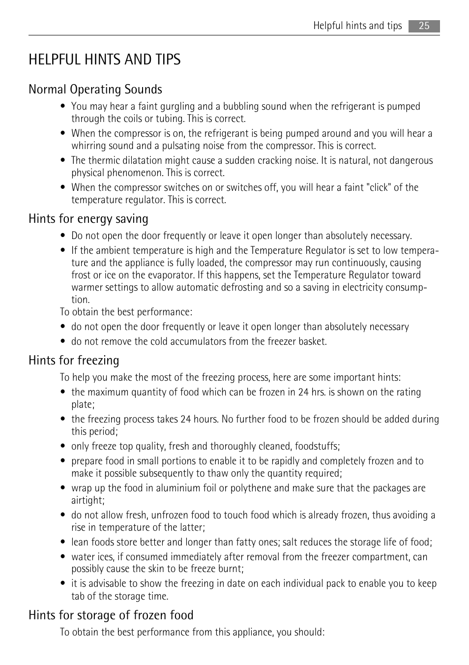 Helpful hints and tips, Normal operating sounds, Hints for energy saving | Hints for freezing, Hints for storage of frozen food | AEG A52200GSW0 User Manual | Page 25 / 68