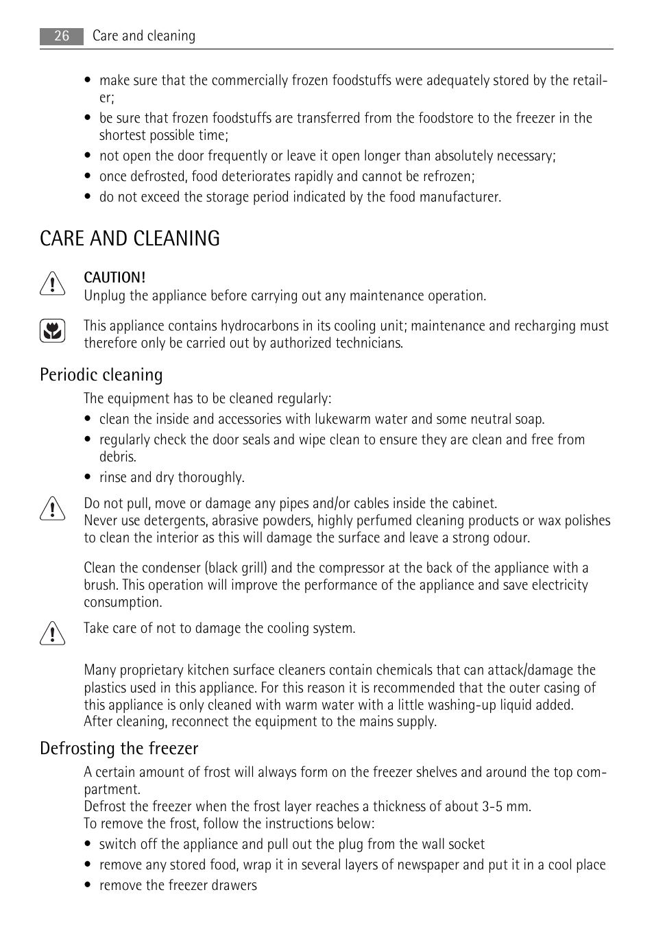 Care and cleaning, Periodic cleaning, Defrosting the freezer | AEG A52200GSW0 User Manual | Page 26 / 68