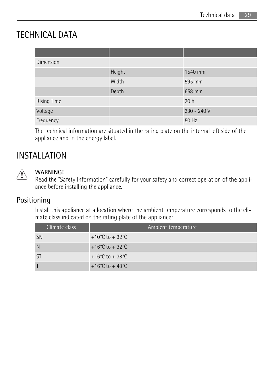 Technical data, Installation, Positioning | AEG A52200GSW0 User Manual | Page 29 / 68