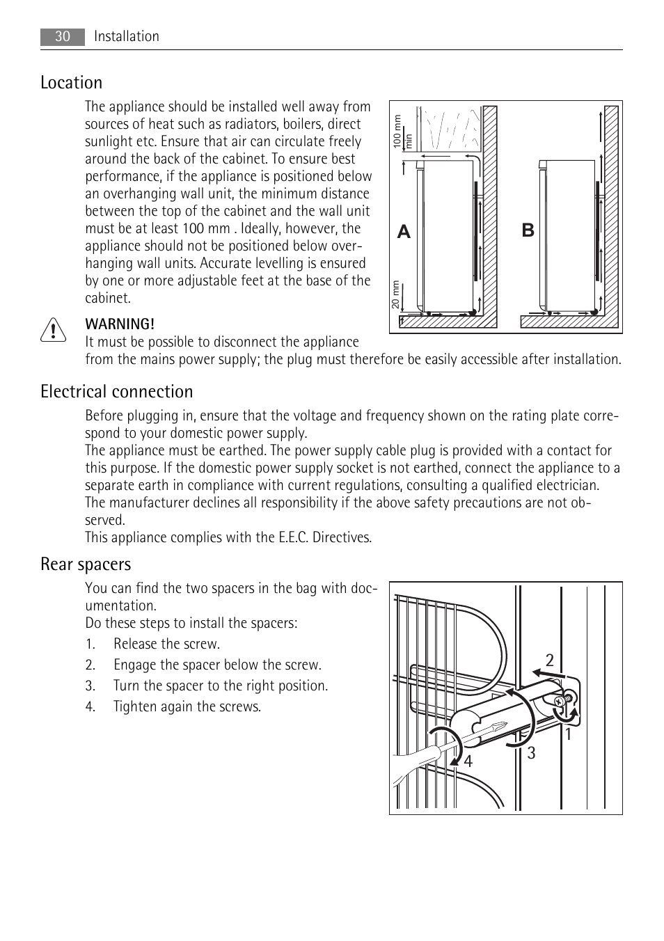 Location, Electrical connection, Rear spacers | AEG A52200GSW0 User Manual | Page 30 / 68