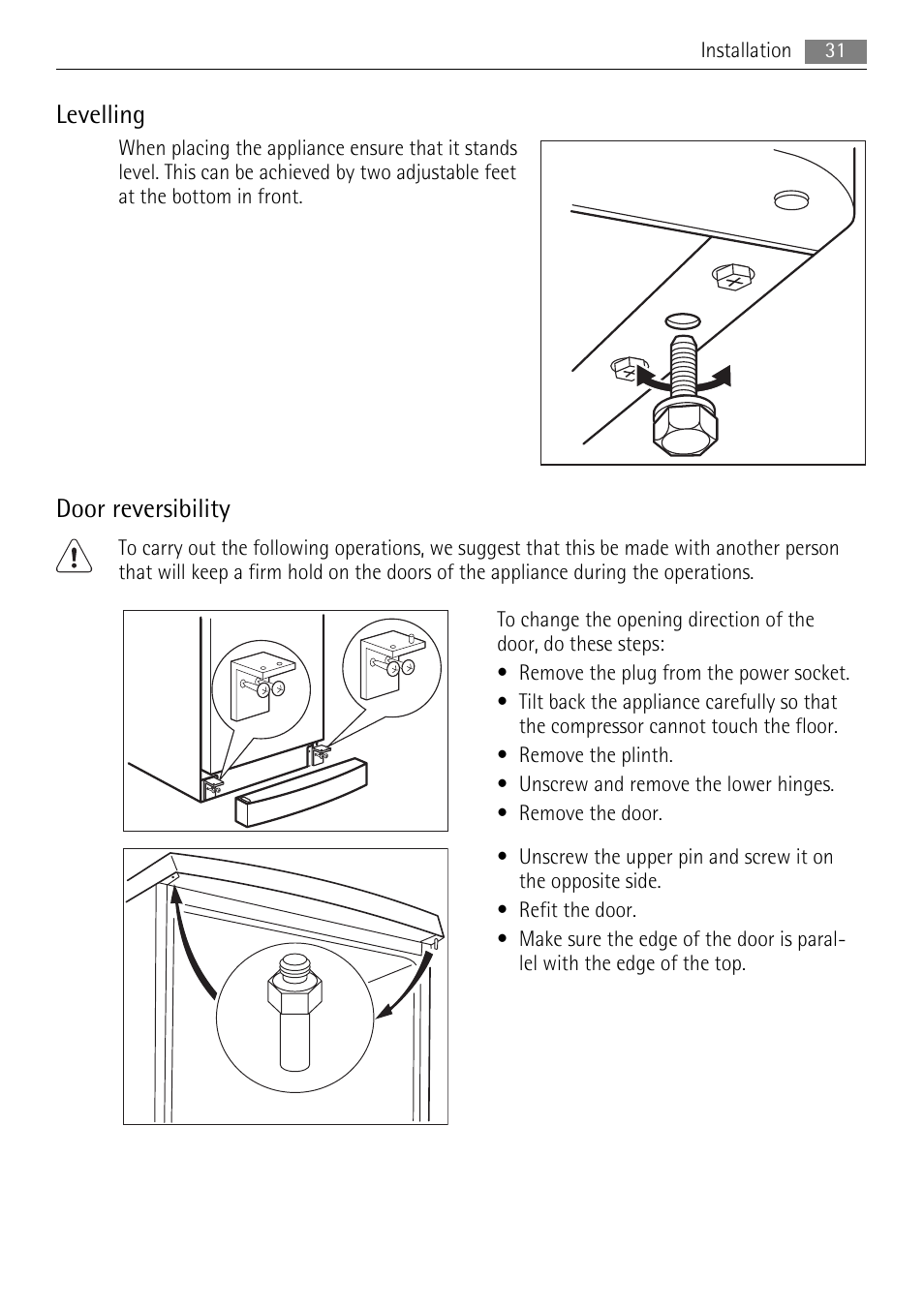 Levelling, Door reversibility | AEG A52200GSW0 User Manual | Page 31 / 68