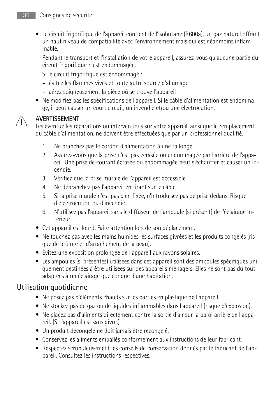 Utilisation quotidienne | AEG A52200GSW0 User Manual | Page 36 / 68