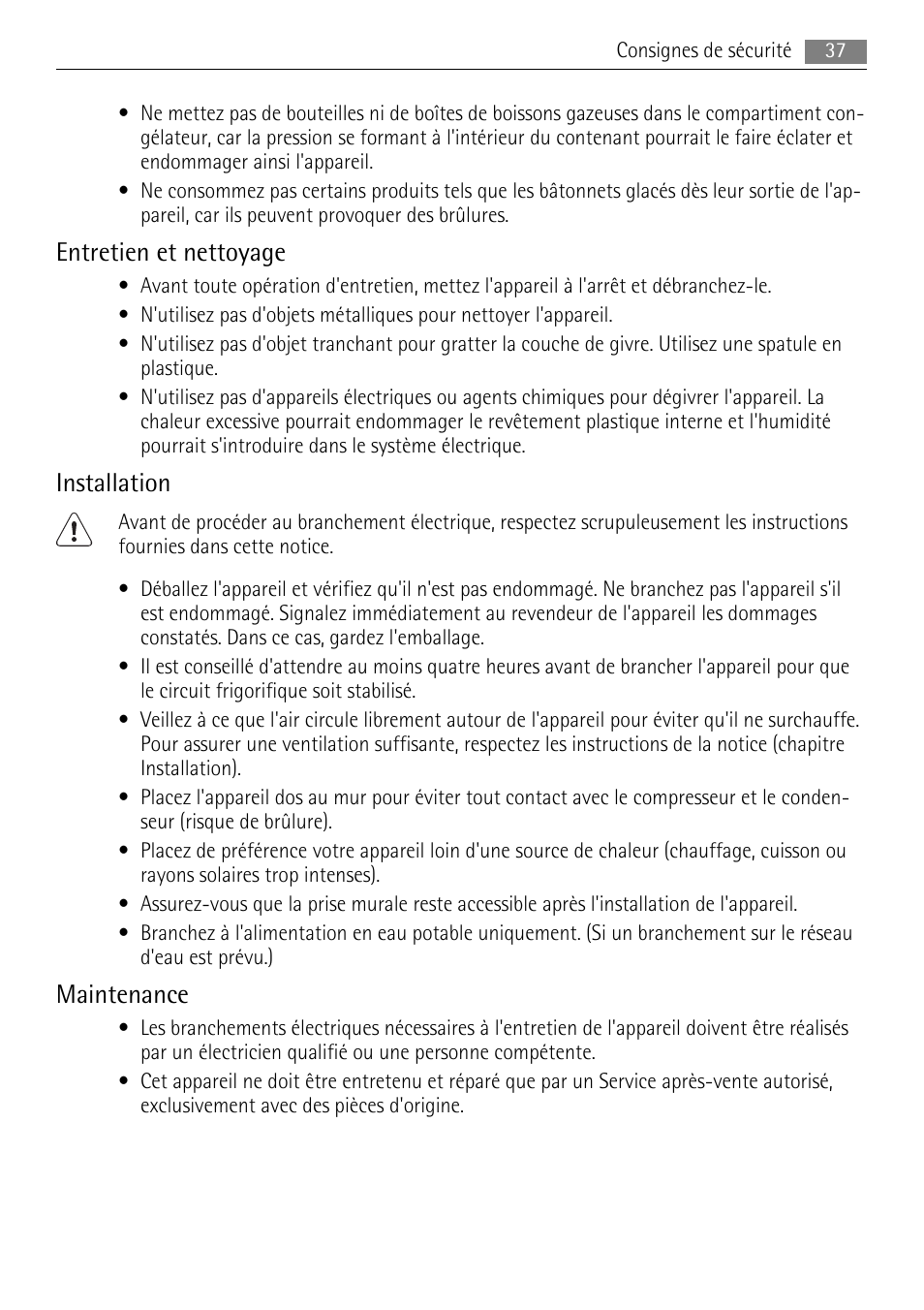 Entretien et nettoyage, Installation, Maintenance | AEG A52200GSW0 User Manual | Page 37 / 68