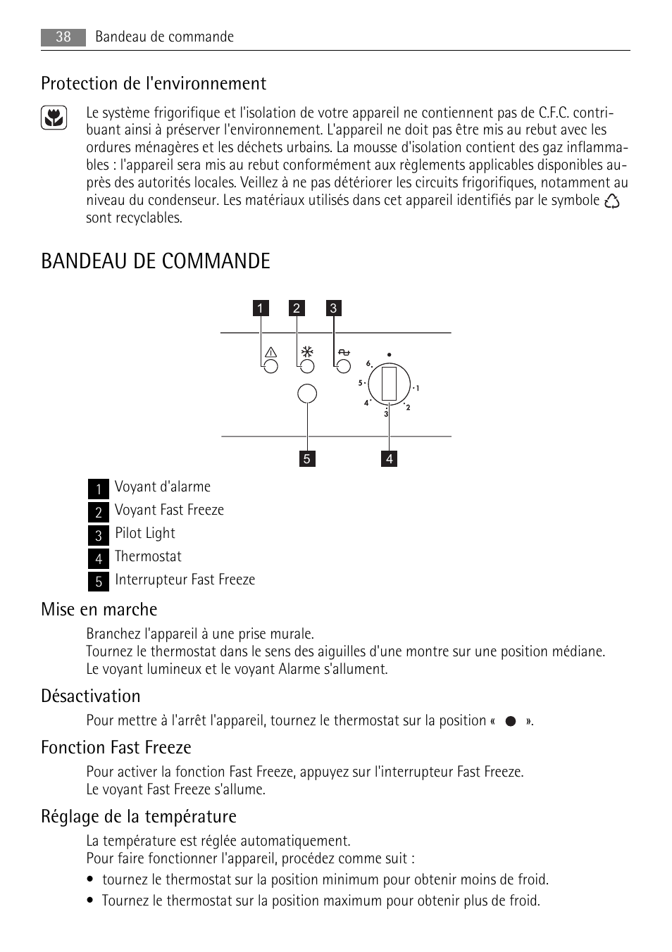 Bandeau de commande, Protection de l'environnement, Mise en marche | Désactivation, Fonction fast freeze, Réglage de la température | AEG A52200GSW0 User Manual | Page 38 / 68