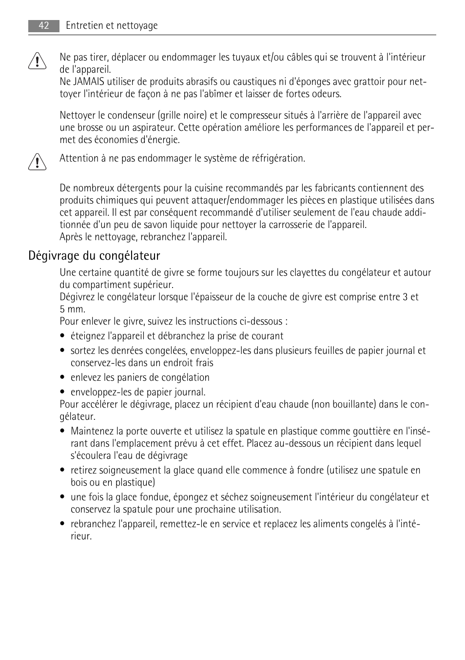 Dégivrage du congélateur | AEG A52200GSW0 User Manual | Page 42 / 68